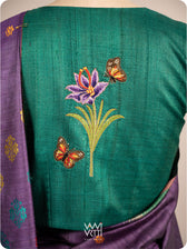 Emerald Green Saffron Flower And Monarch Butterflies Hand Embroidery Tussar Silk Blouse