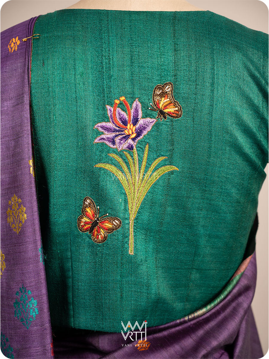 Emerald Green Saffron Flower And Monarch Butterflies Hand Embroidery Tussar Silk Blouse