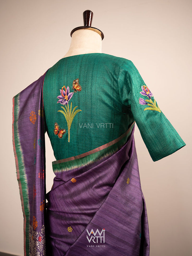Emerald Green Saffron Flower And Monarch Butterflies Hand Embroidery Tussar Silk Blouse