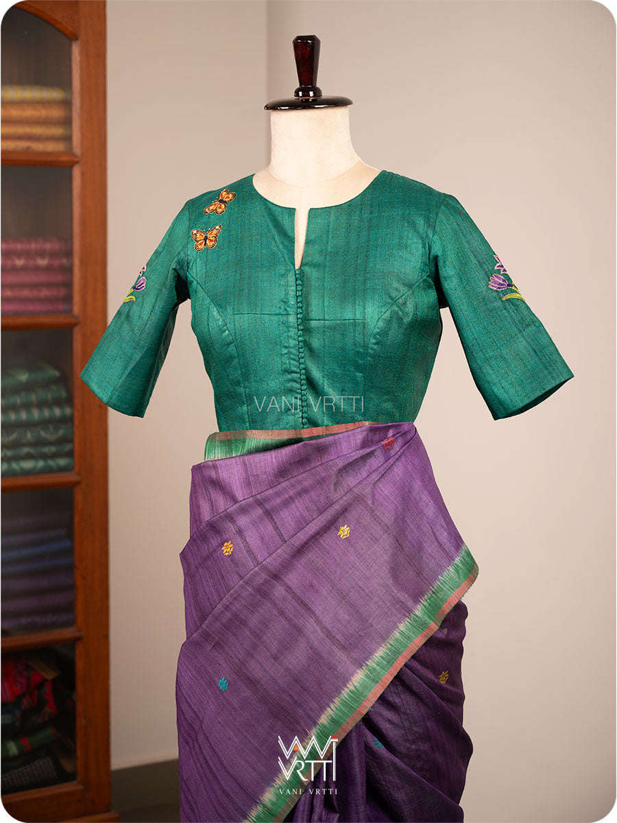 Emerald Green Saffron Flower And Monarch Butterflies Hand Embroidery Tussar Silk Blouse