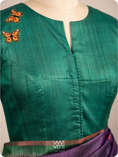 Emerald Green Saffron Flower And Monarch Butterflies Hand Embroidery Tussar Silk Blouse