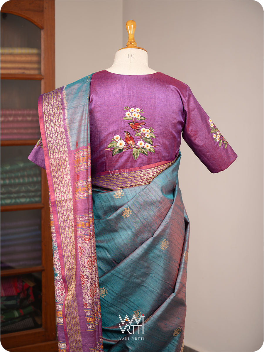 Reddish Purple Parijat Flowers And Nightingale Bird Hand Embroidery Tussar Silk Blouse