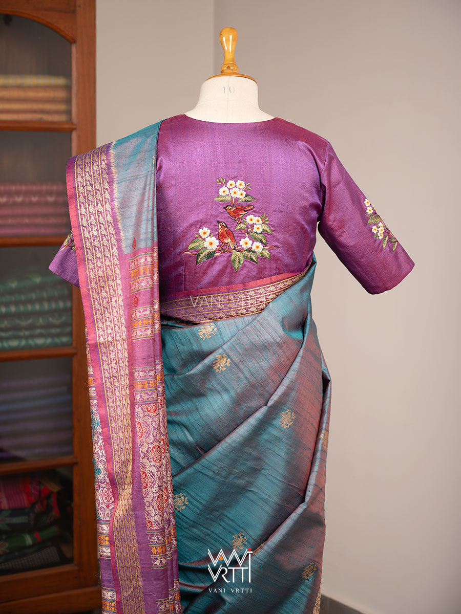 Reddish Purple Parijat Flowers And Nightingale Bird Hand Embroidery Tussar Silk Blouse