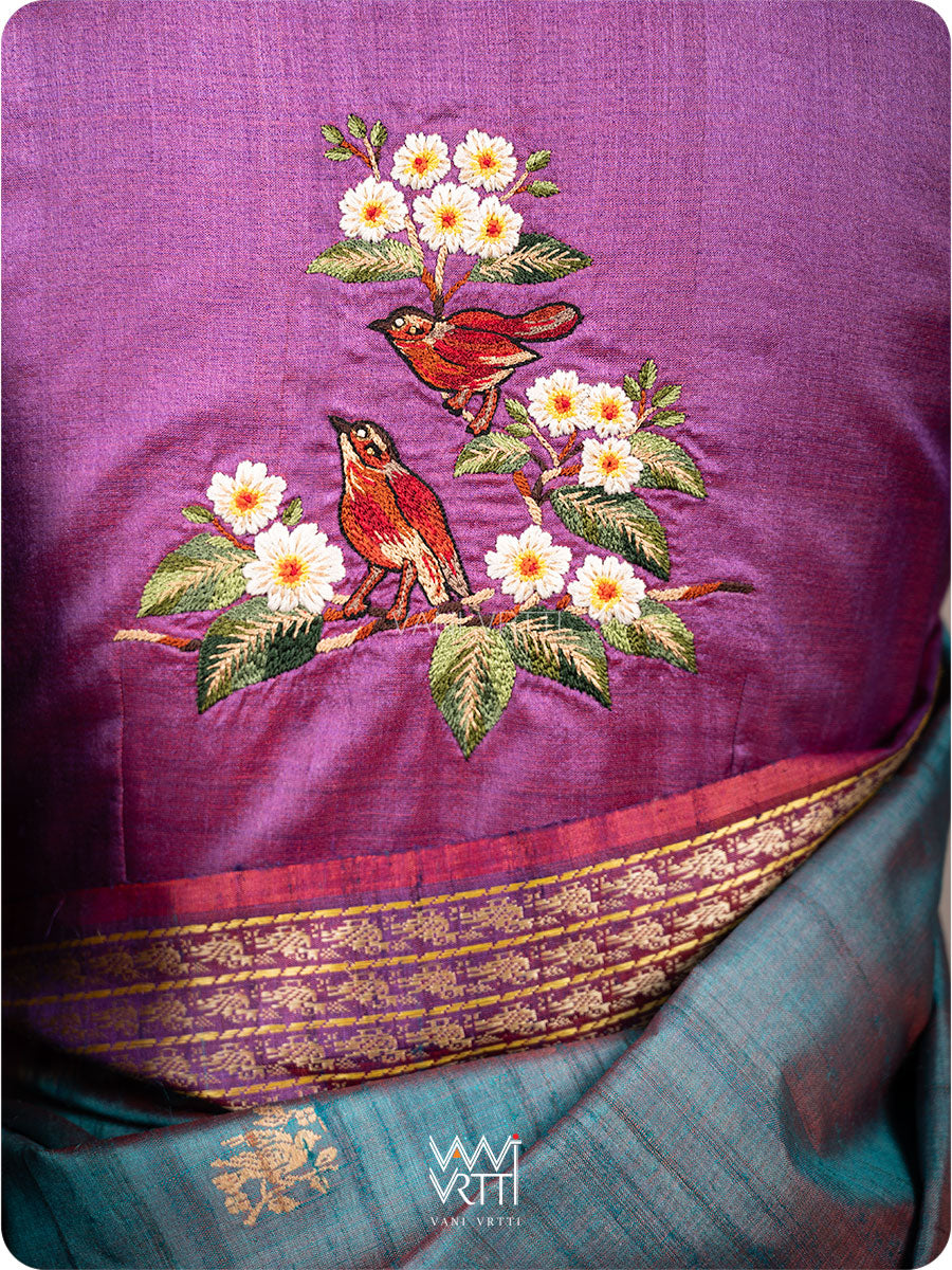 Reddish Purple Parijat Flowers And Nightingale Bird Hand Embroidery Tussar Silk Blouse