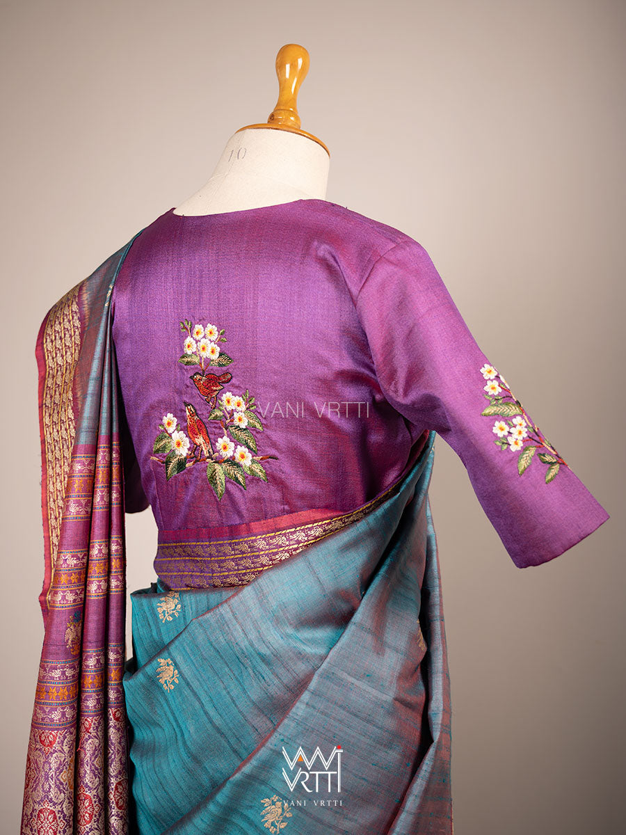 Reddish Purple Parijat Flowers And Nightingale Bird Hand Embroidery Tussar Silk Blouse