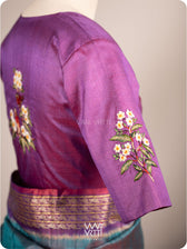 Reddish Purple Parijat Flowers And Nightingale Bird Hand Embroidery Tussar Silk Blouse