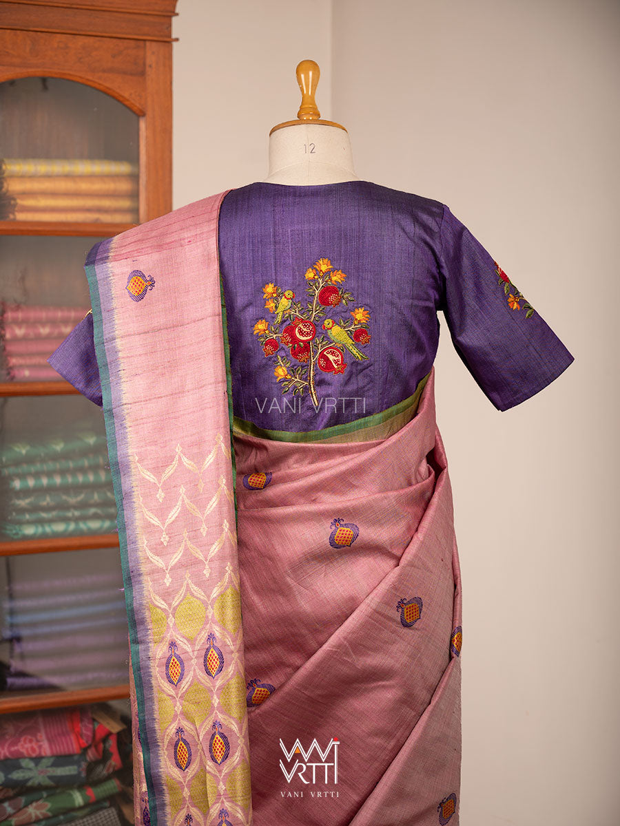 Deep Purple Pomegranate And Parrot  Hand Embroidery Tussar Silk Blouse