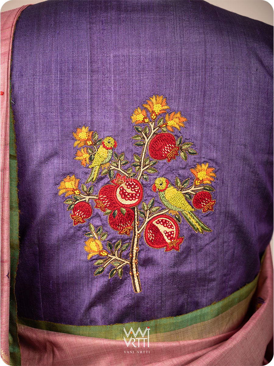 Deep Purple Pomegranate And Parrot  Hand Embroidery Tussar Silk Blouse