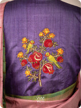Deep Purple Pomegranate And Parrot  Hand Embroidery Tussar Silk Blouse