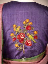 Deep Purple Pomegranate And Parrot  Hand Embroidery Tussar Silk Blouse