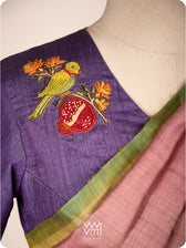 Deep Purple Pomegranate And Parrot  Hand Embroidery Tussar Silk Blouse
