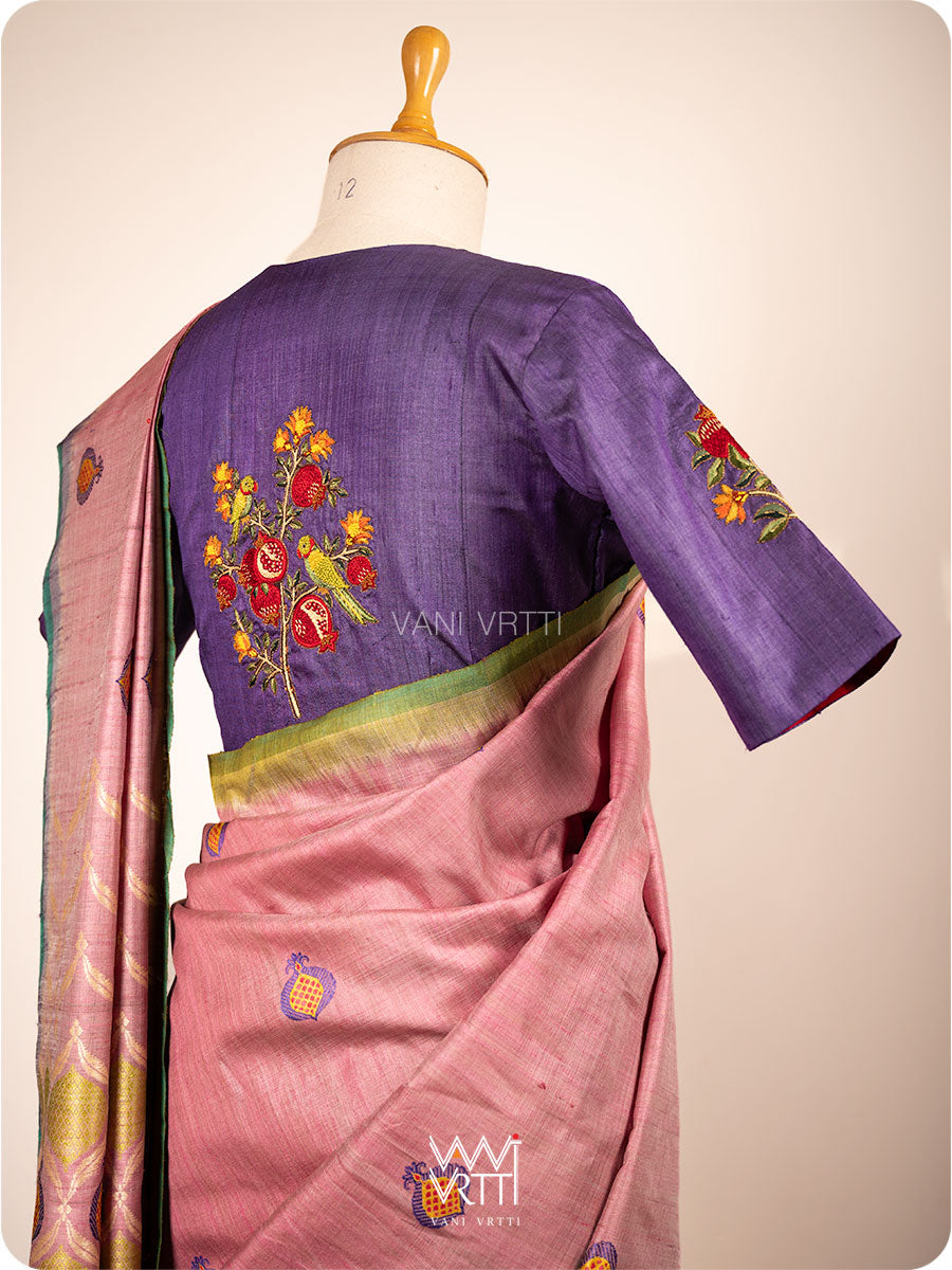 Deep Purple Pomegranate And Parrot  Hand Embroidery Tussar Silk Blouse