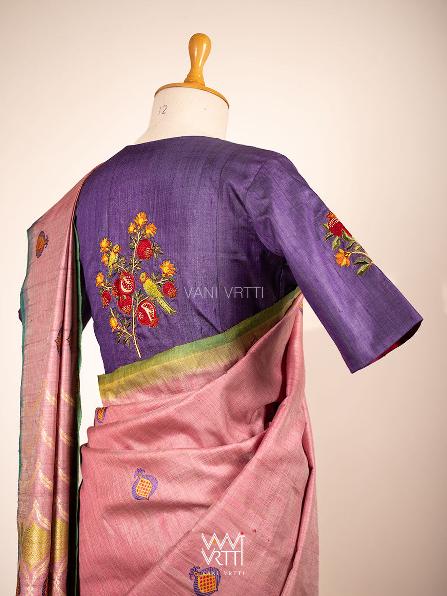 Deep Purple Pomegranate And Parrot  Hand Embroidery Tussar Silk Blouse