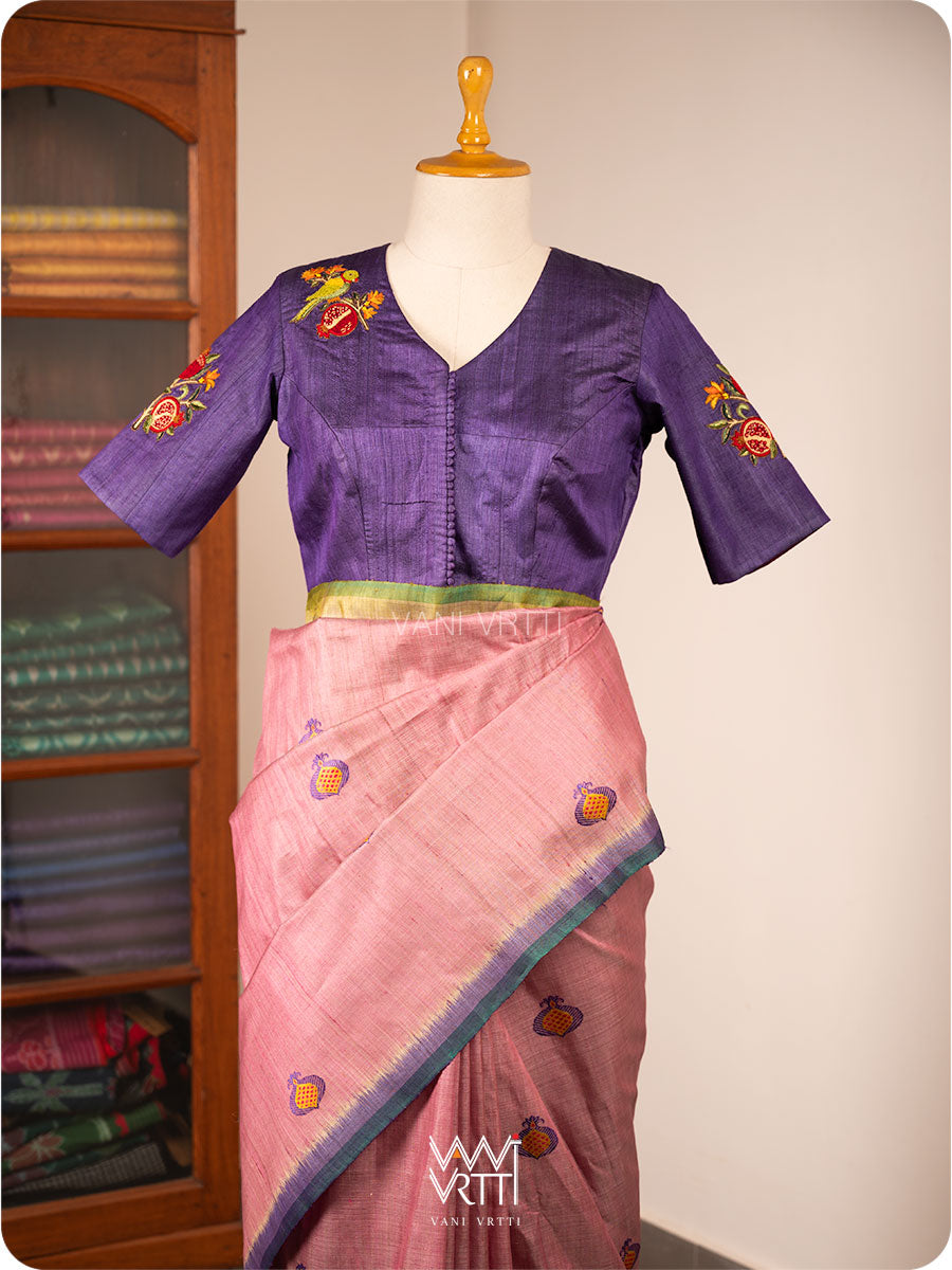 Deep Purple Pomegranate And Parrot  Hand Embroidery Tussar Silk Blouse
