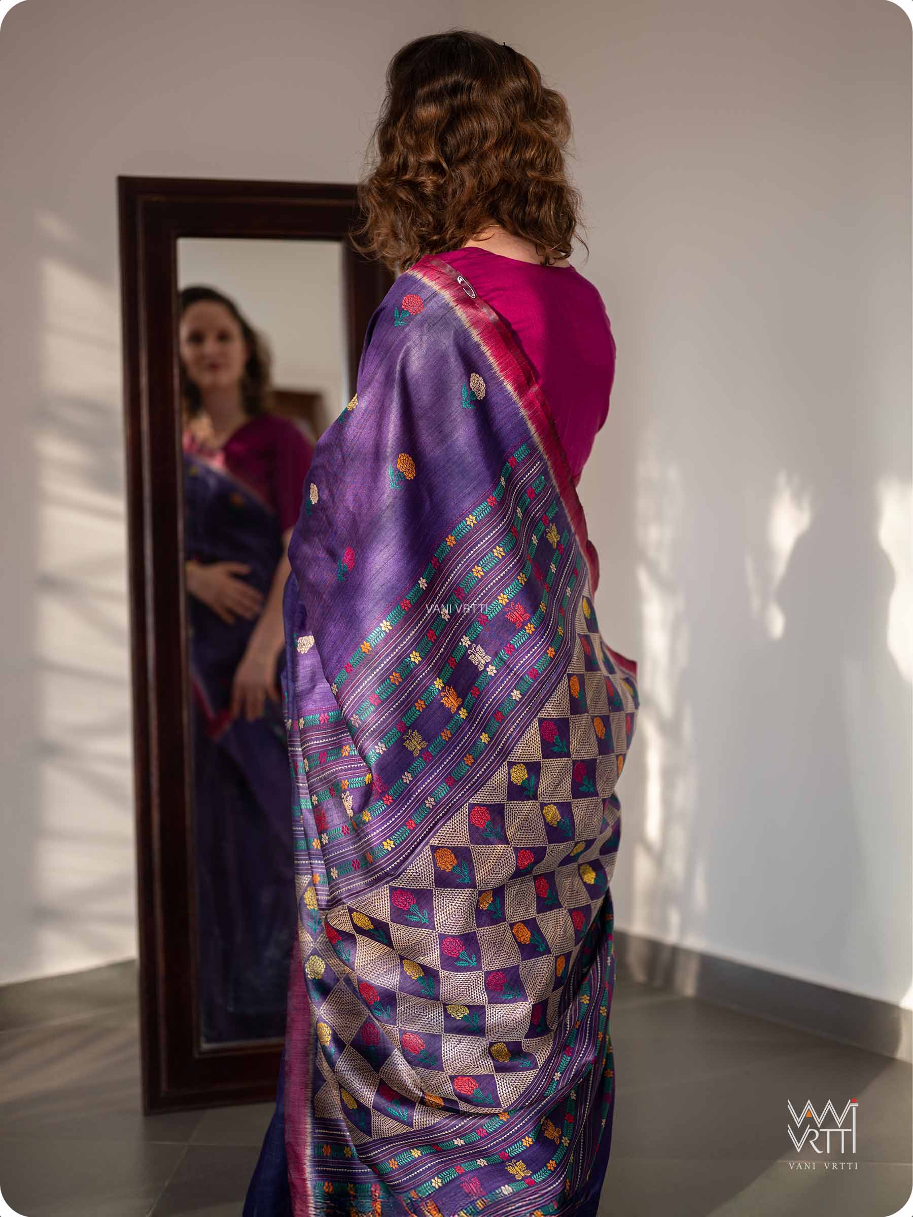 Purple Marigold Wild Garden Master Weave Exclusive Handspun Tussar Silk Saree