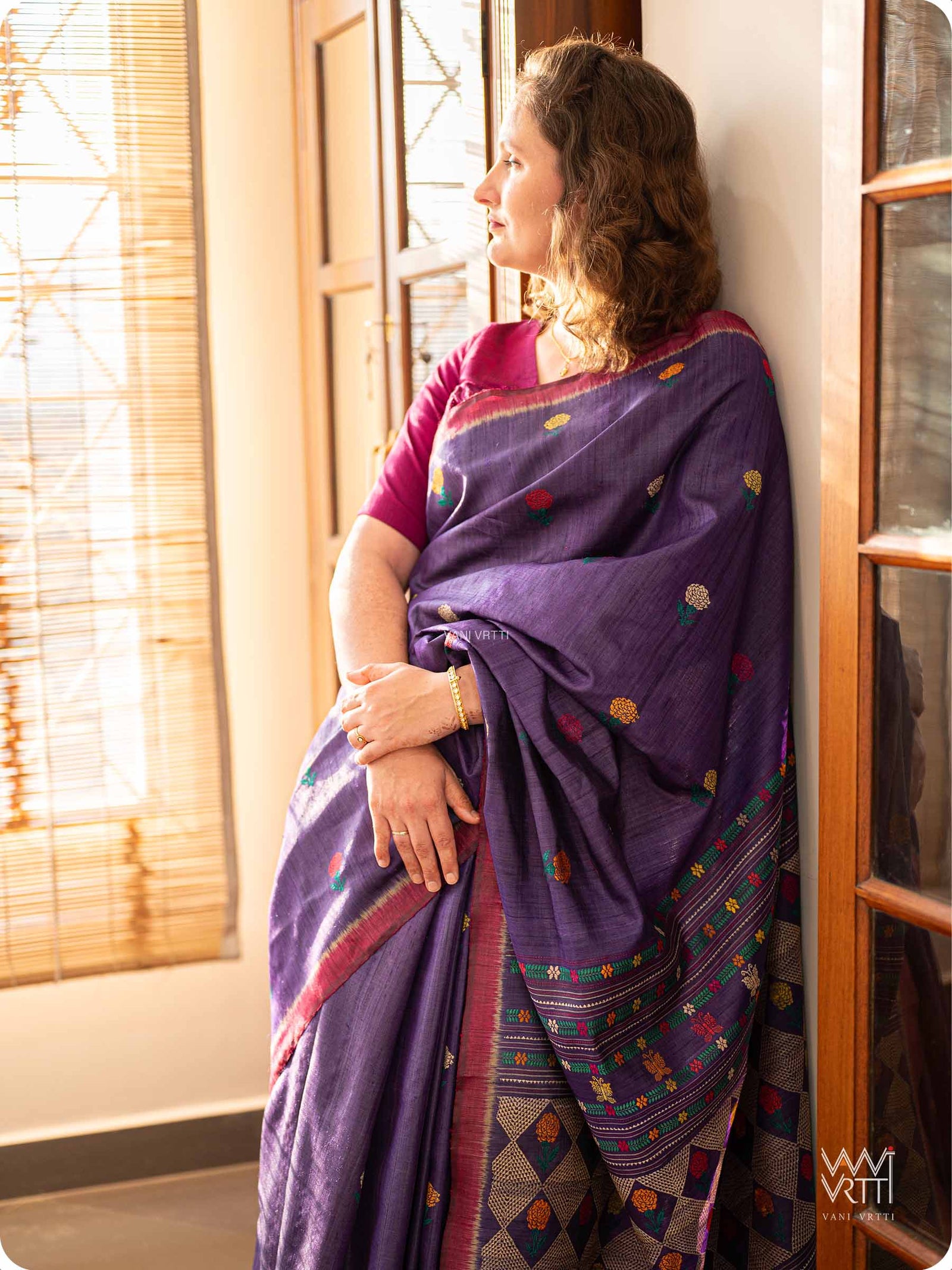 Purple Marigold Wild Garden Master Weave Exclusive Handspun Tussar Silk Saree