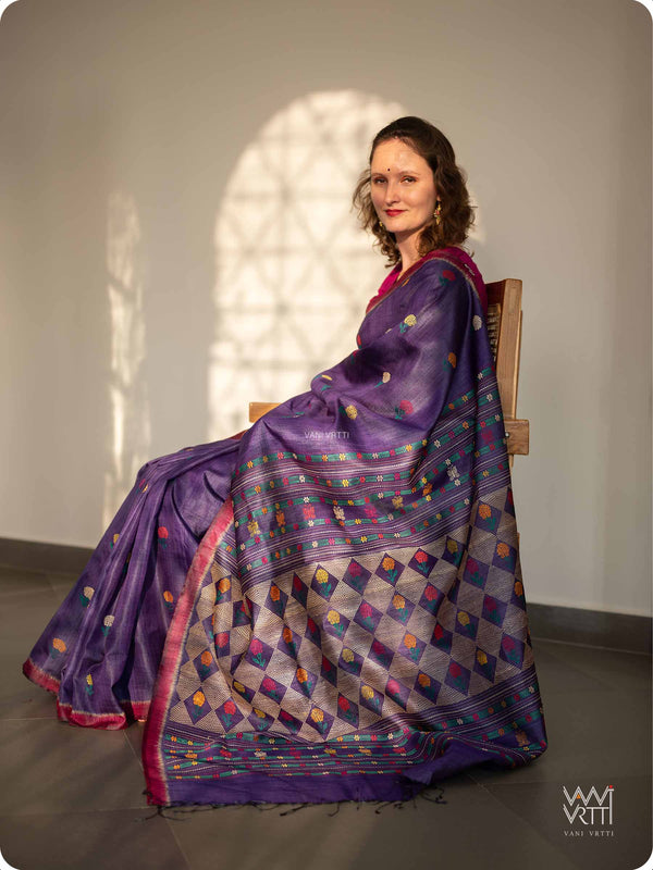 Purple Marigold Wild Garden Master Weave Exclusive Handspun Tussar Silk Saree