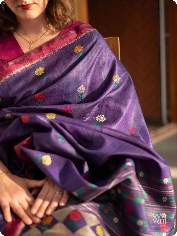 Purple Marigold Wild Garden Master Weave Exclusive Handspun Tussar Silk Saree