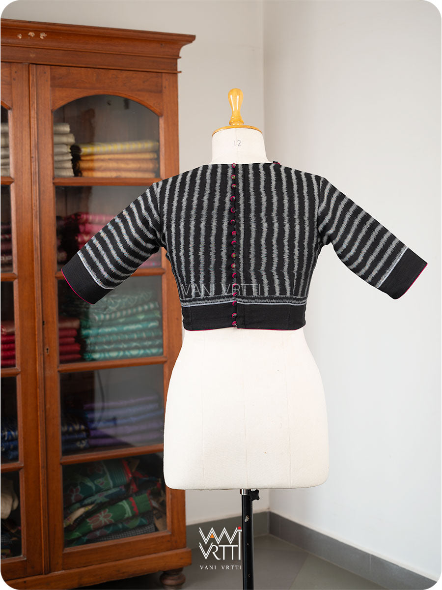 Black Lotus Parrot Parallel Deep Curved Yoke Cotton Ikat Blouse