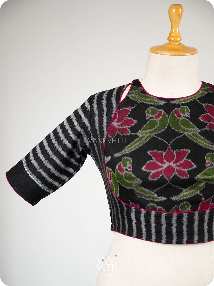 Black Lotus Parrot Parallel Deep Curved Yoke Cotton Ikat Blouse