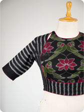 Black Lotus Parrot Parallel Deep Curved Yoke Cotton Ikat Blouse