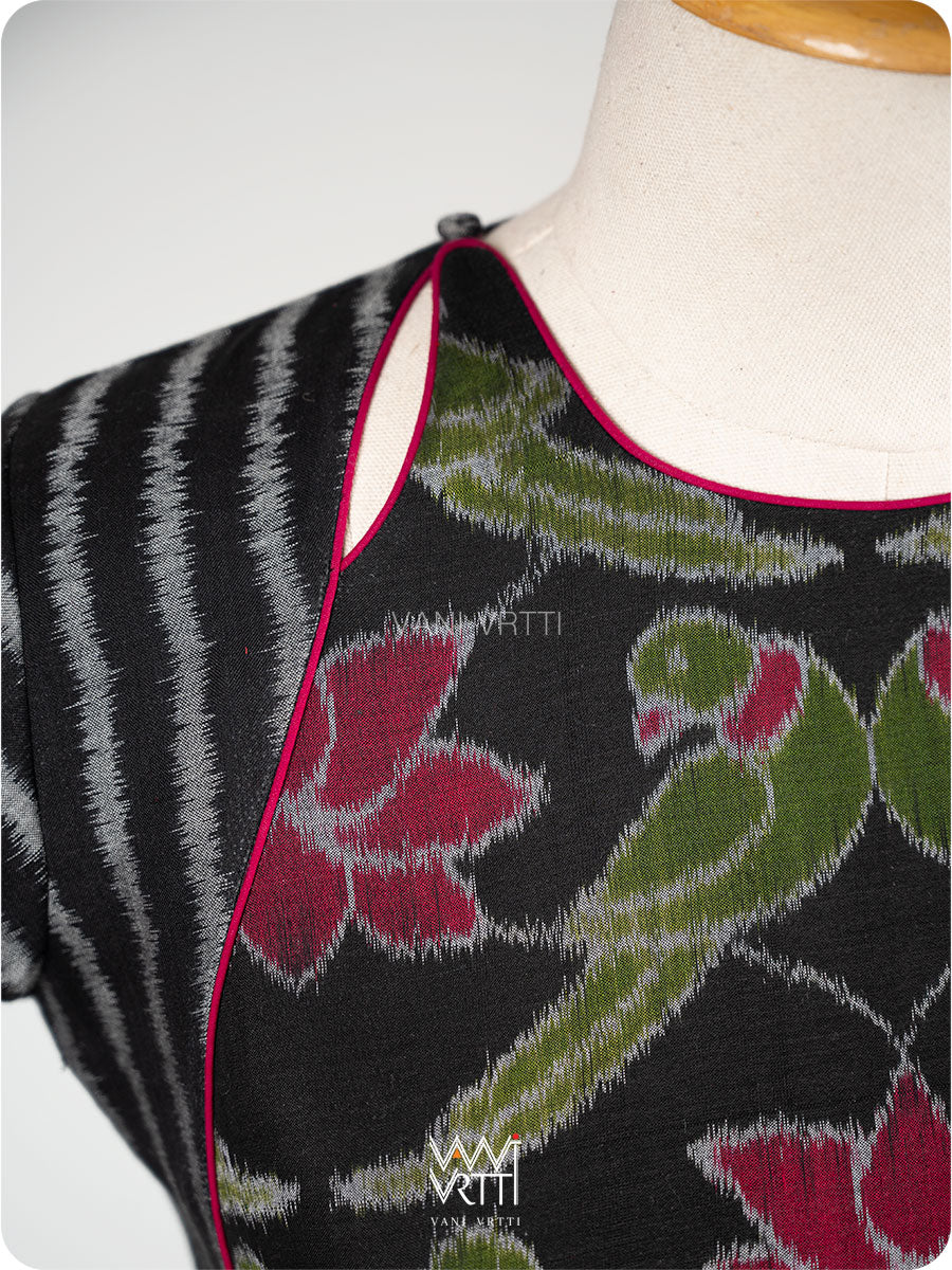 Black Lotus Parrot Parallel Deep Curved Yoke Cotton Ikat Blouse