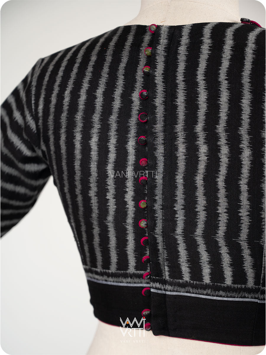 Black Lotus Parrot Parallel Deep Curved Yoke Cotton Ikat Blouse