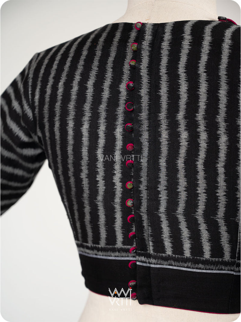 Black Lotus Parrot Parallel Deep Curved Yoke Cotton Ikat Blouse
