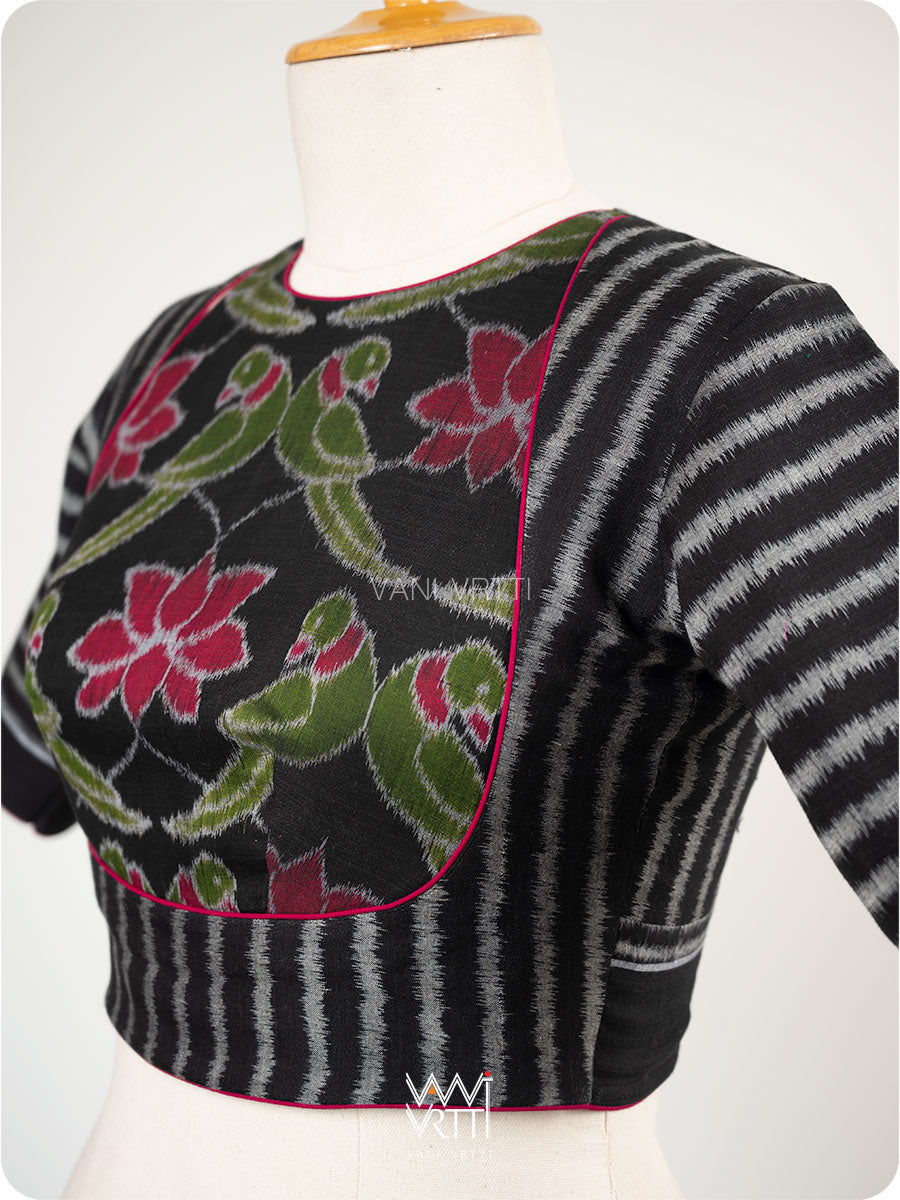 Black Lotus Parrot Parallel Deep Curved Yoke Cotton Ikat Blouse
