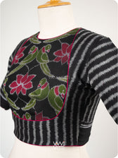 Black Lotus Parrot Parallel Deep Curved Yoke Cotton Ikat Blouse