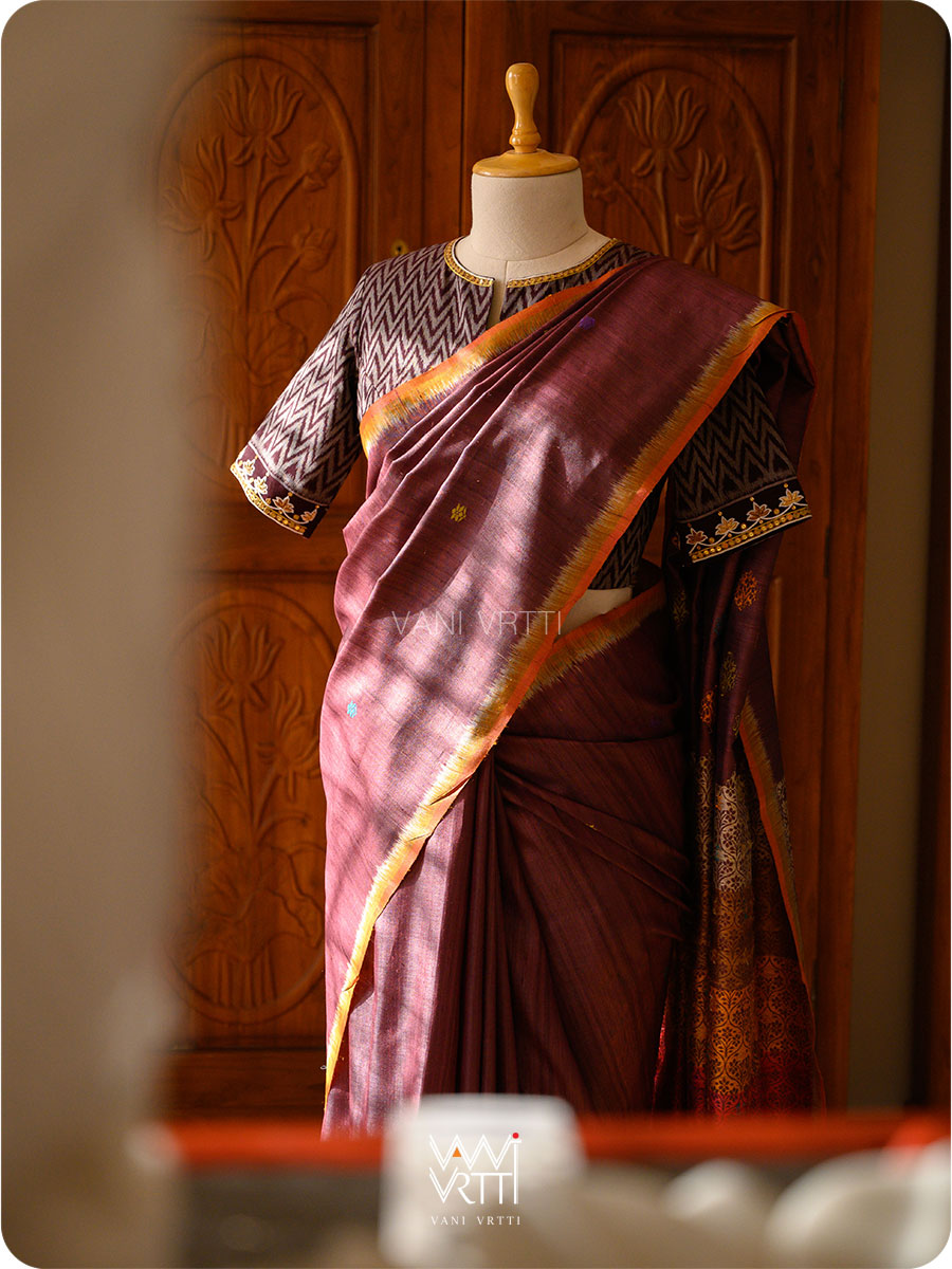 Deep Coffee Mustard Parijat Handspun Tussar Silk Saree