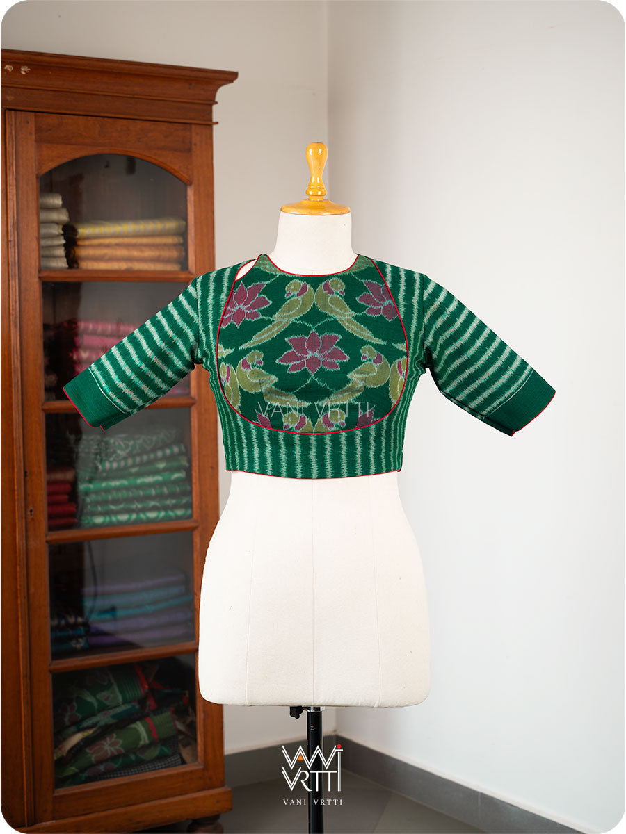 Bottle Green Lotus Parrot Parallel Deep Curved Yoke Cotton Ikat Blouse