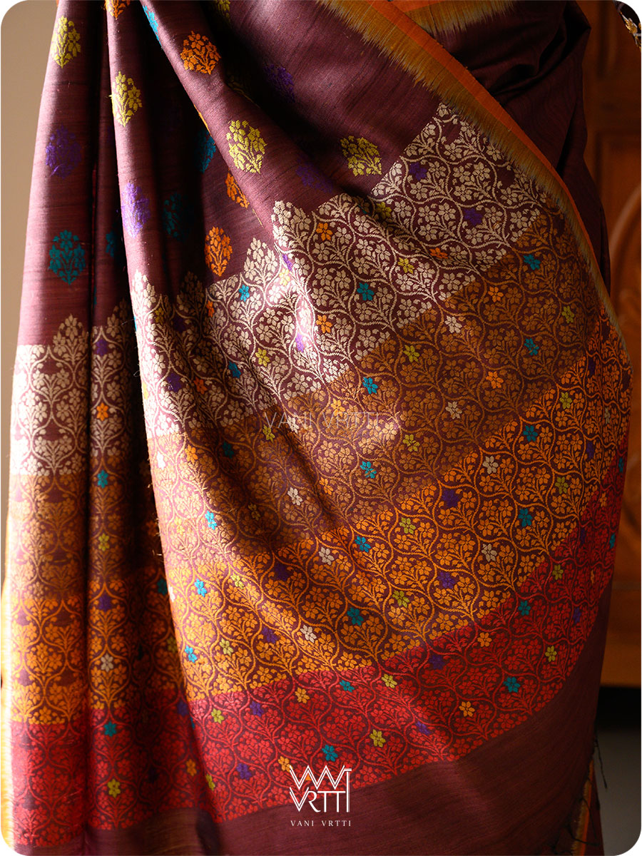 Deep Coffee Mustard Parijat Handspun Tussar Silk Saree