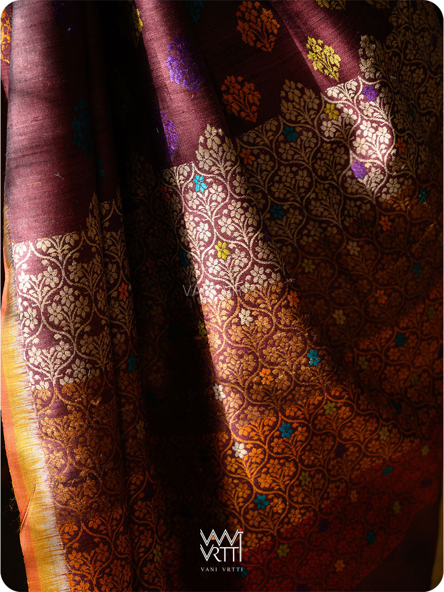 Deep Coffee Mustard Parijat Handspun Tussar Silk Saree