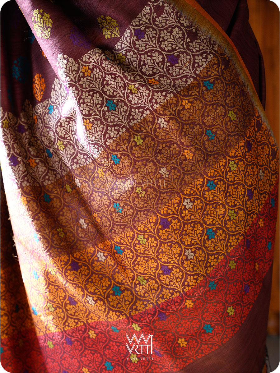 Deep Coffee Mustard Parijat Handspun Tussar Silk Saree