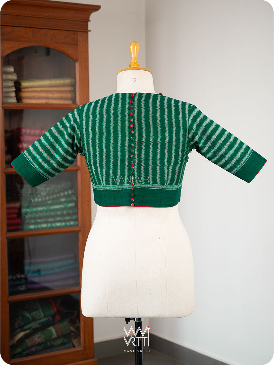 Bottle Green Lotus Parrot Parallel Deep Curved Yoke Cotton Ikat Blouse