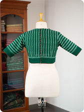 Bottle Green Lotus Parrot Parallel Deep Curved Yoke Cotton Ikat Blouse