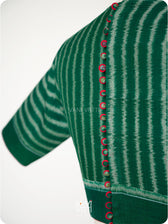 Bottle Green Lotus Parrot Parallel Deep Curved Yoke Cotton Ikat Blouse