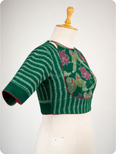Bottle Green Lotus Parrot Parallel Deep Curved Yoke Cotton Ikat Blouse
