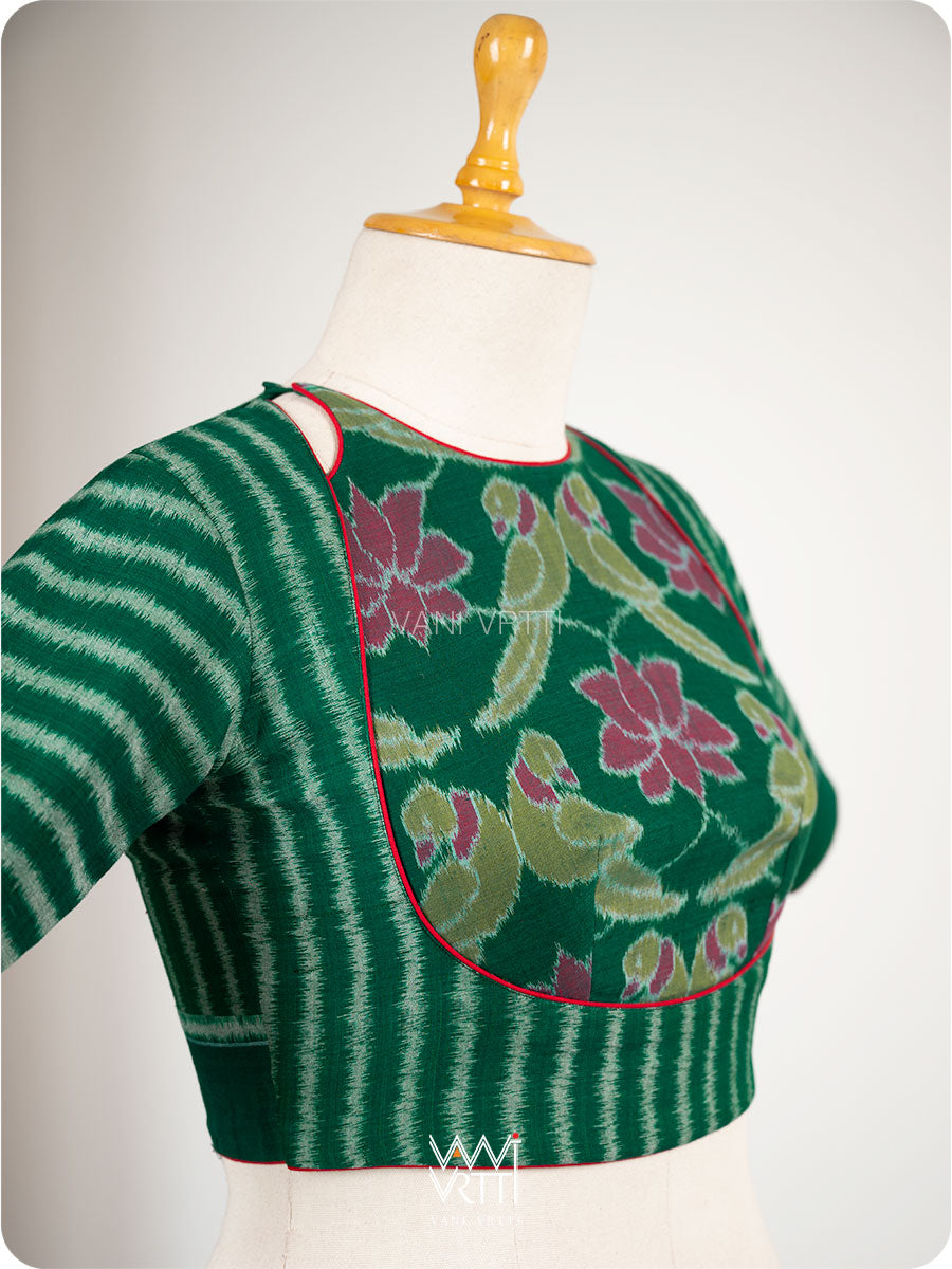 Bottle Green Lotus Parrot Parallel Deep Curved Yoke Cotton Ikat Blouse