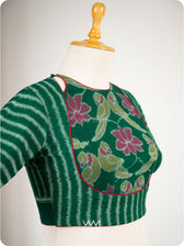 Bottle Green Lotus Parrot Parallel Deep Curved Yoke Cotton Ikat Blouse