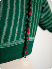 Bottle Green Lotus Parrot Parallel Deep Curved Yoke Cotton Ikat Blouse