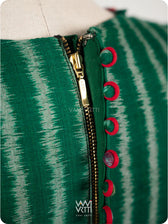 Bottle Green Lotus Parrot Parallel Deep Curved Yoke Cotton Ikat Blouse