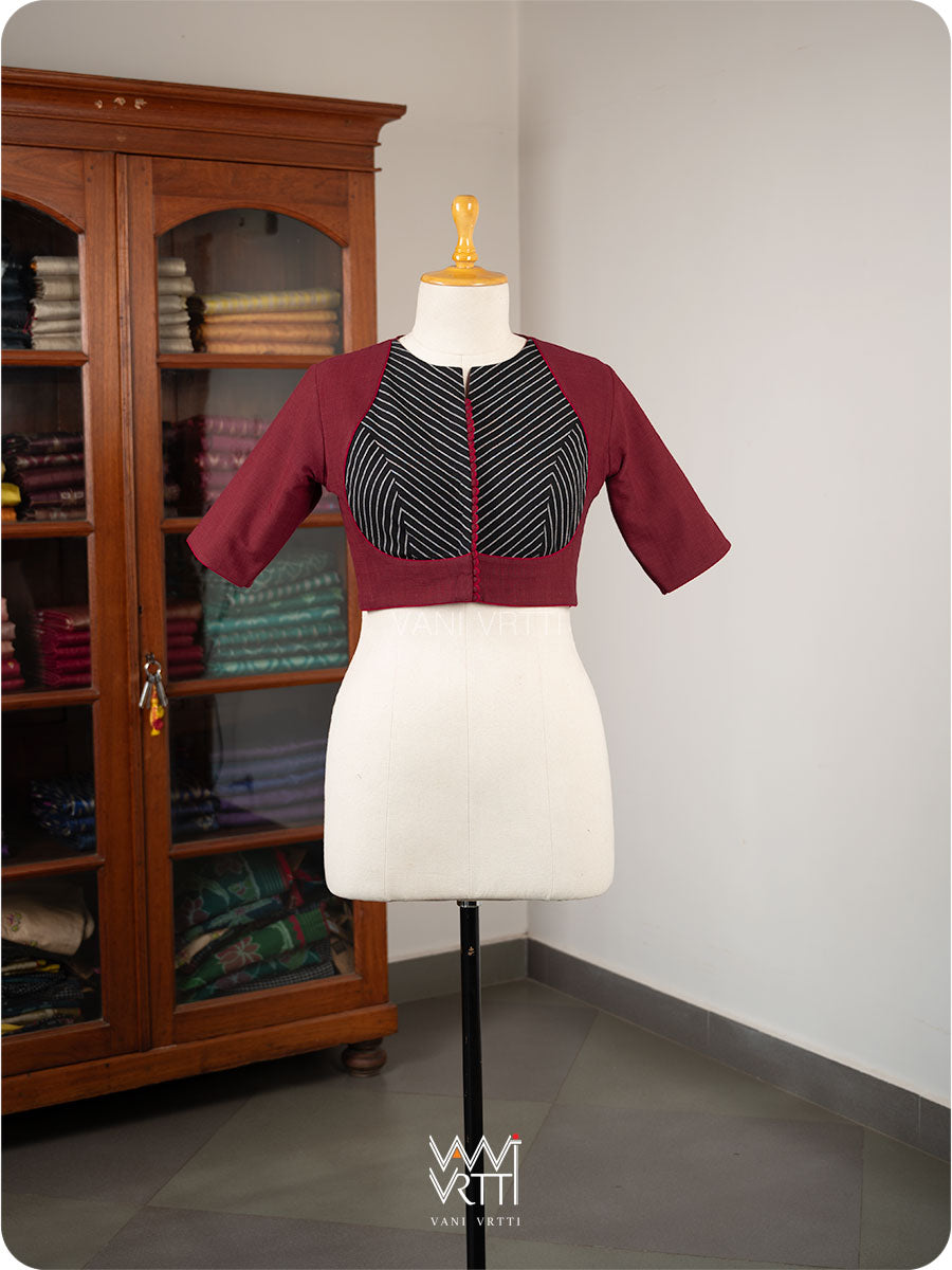 Madder Red Black Stripes Pot Yoke Kotpad Blouse