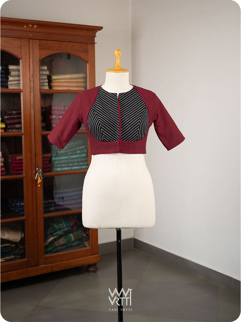Madder Red Black Stripes Pot Yoke Kotpad Blouse