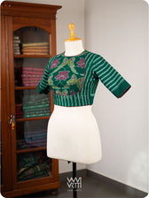 Bottle Green Lotus Parrot Parallel Deep Curved Yoke Cotton Ikat Blouse