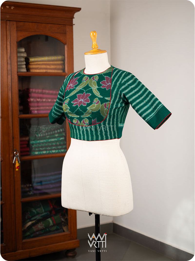Bottle Green Lotus Parrot Parallel Deep Curved Yoke Cotton Ikat Blouse