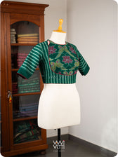 Bottle Green Lotus Parrot Parallel Deep Curved Yoke Cotton Ikat Blouse
