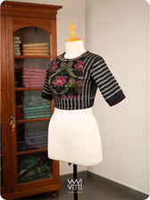 Black Lotus Parrot Parallel Deep Curved Yoke Cotton Ikat Blouse