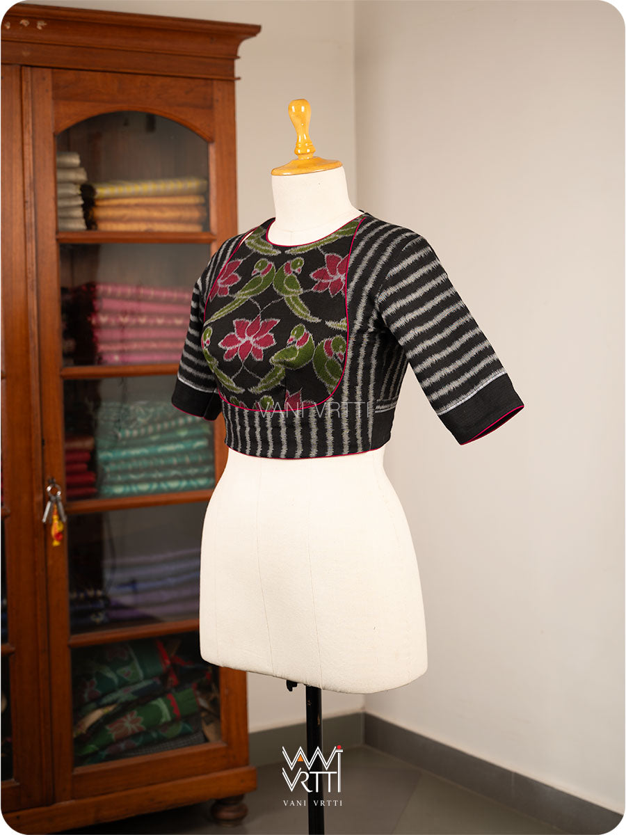 Black Lotus Parrot Parallel Deep Curved Yoke Cotton Ikat Blouse